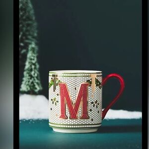 Anthropologie Festive Bistro Tile Mug M Monogram Letter Mug, NWT